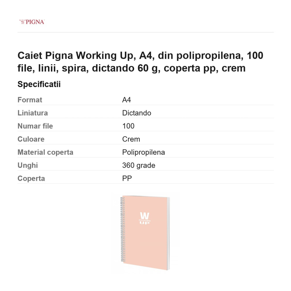 Caiet Pigna Working Up, A4, din polipropilena, 100 file, linii, spira, dictando 60 g, coperta pp, crem [3]