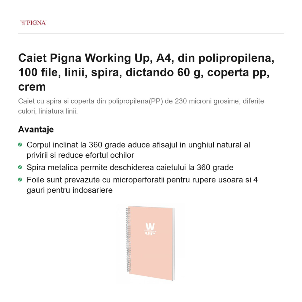 Caiet Pigna Working Up, A4, din polipropilena, 100 file, linii, spira, dictando 60 g, coperta pp, crem [2]