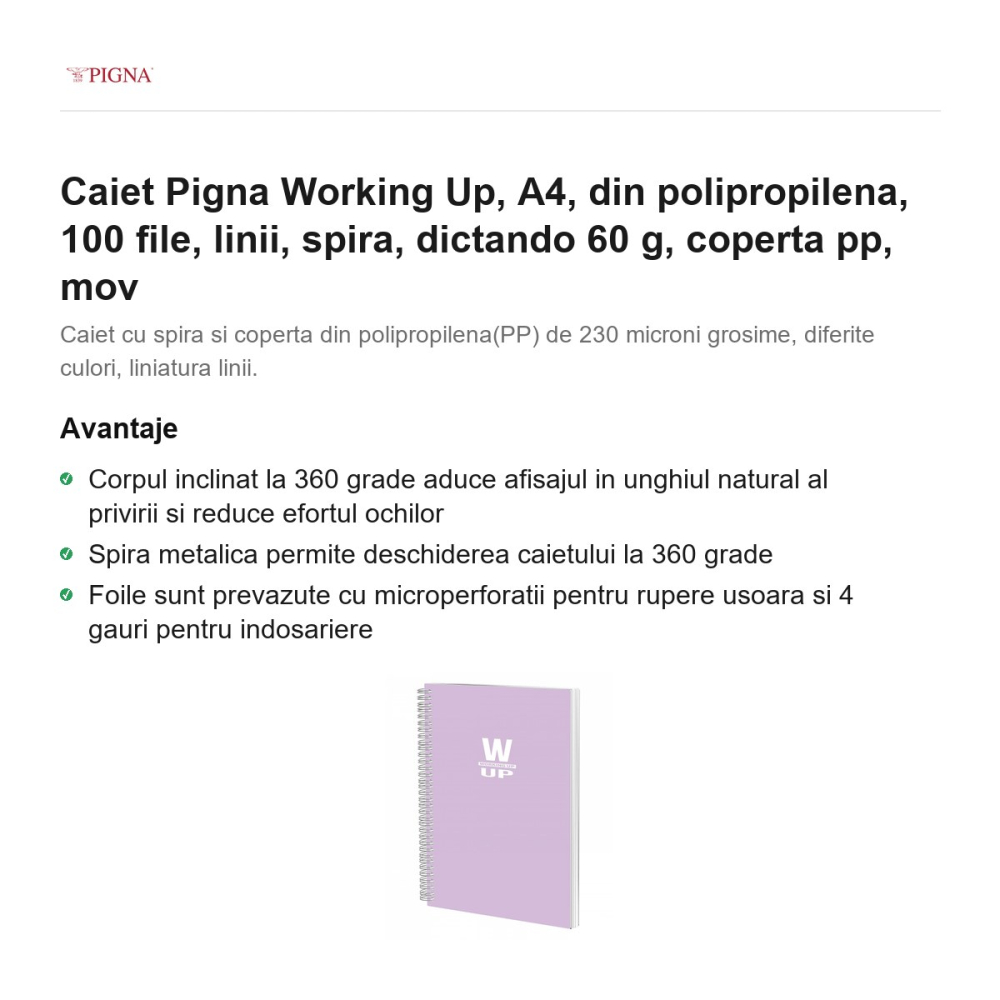 Caiet Pigna Working Up, A4, din polipropilena, 100 file, linii, spira, dictando 60 g, coperta pp, mov [2]