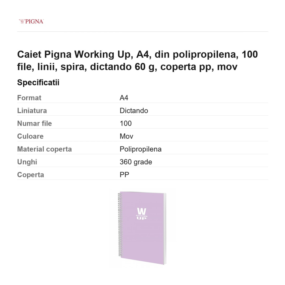 Caiet Pigna Working Up, A4, din polipropilena, 100 file, linii, spira, dictando 60 g, coperta pp, mov [3]