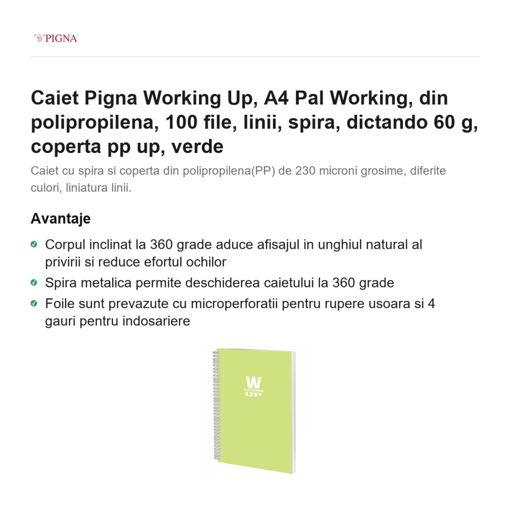 Caiet Pigna Working Up, A4, din polipropilena, 100 file, linii, spira, dictando 60 g, coperta pp pal, verde [2]