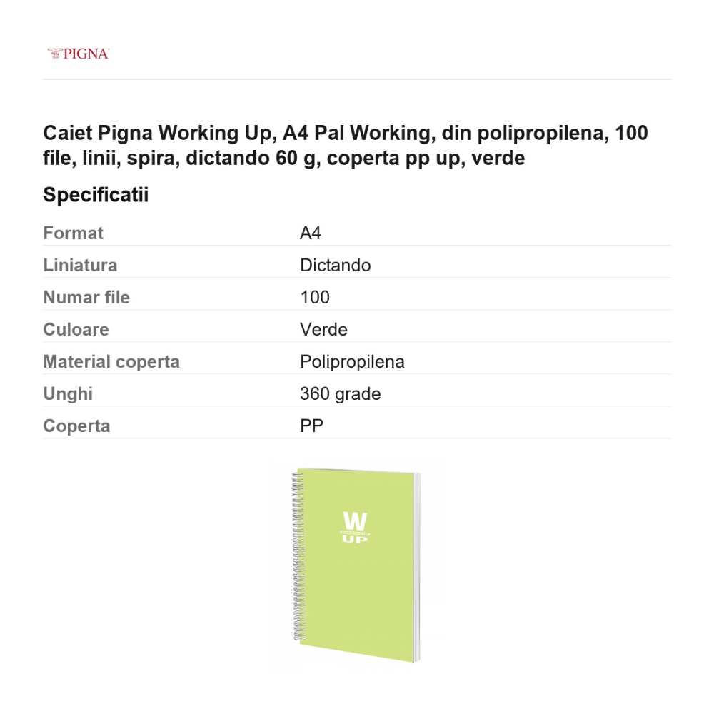 Caiet Pigna Working Up, A4, din polipropilena, 100 file, linii, spira, dictando 60 g, coperta pp pal, verde [3]