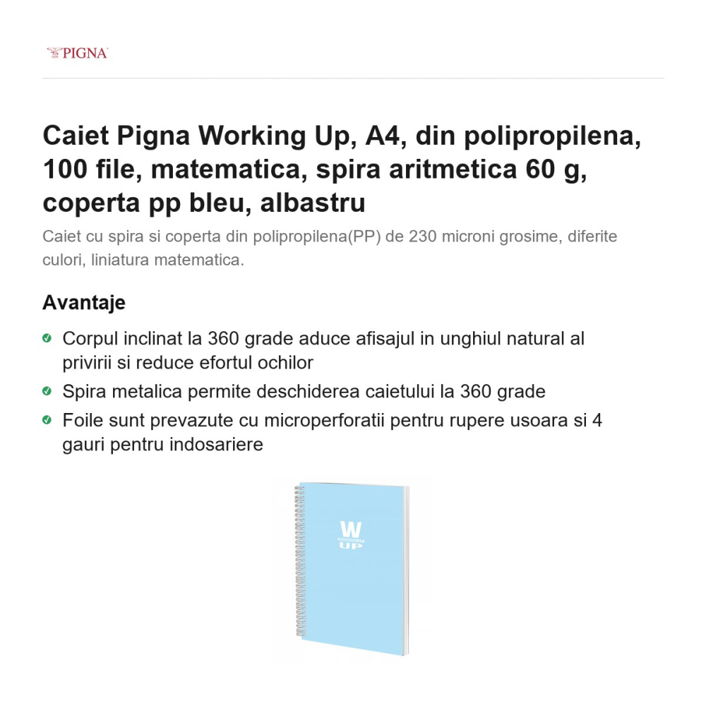 Caiet Pigna Working Up, A4, din polipropilena, 100 file, matematica, spira aritmetica 60 g, coperta pp bleu, albastru [2]