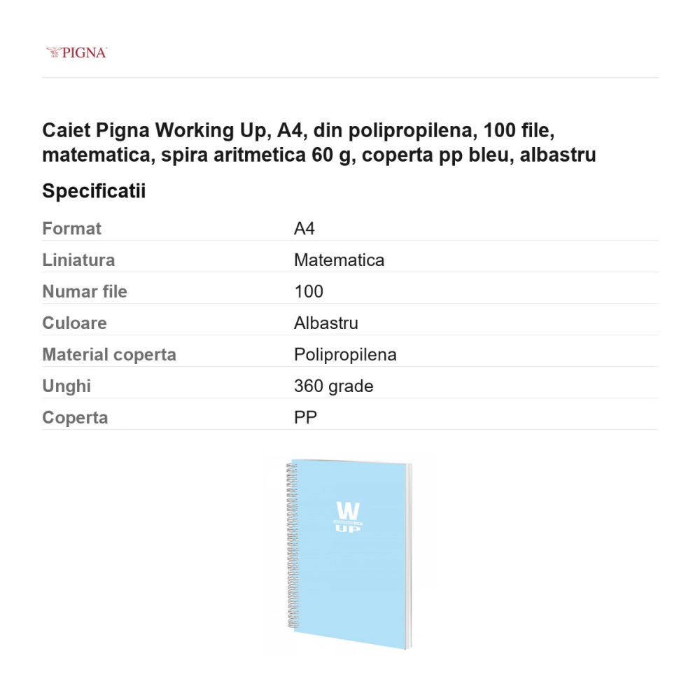Caiet Pigna Working Up, A4, din polipropilena, 100 file, matematica, spira aritmetica 60 g, coperta pp bleu, albastru [3]
