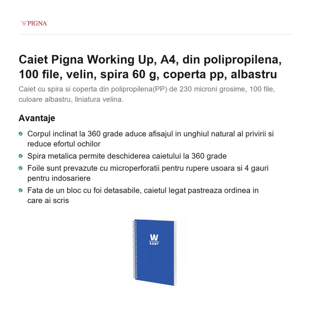 Caiet Pigna Working Up, A4, din polipropilena, 100 file, velin, spira 60 g, coperta pp, albastru [2]