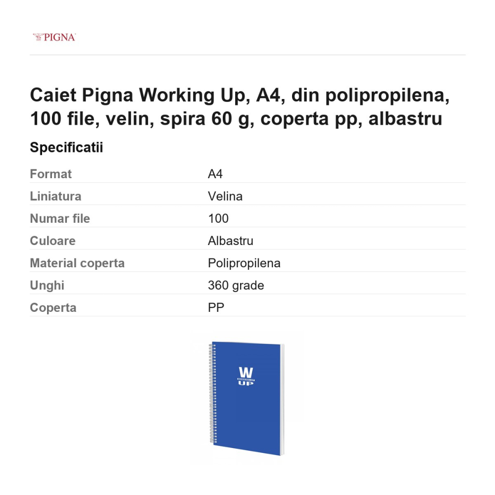 Caiet Pigna Working Up, A4, din polipropilena, 100 file, velin, spira 60 g, coperta pp, albastru [3]
