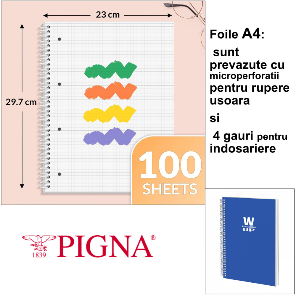 Caiet Spira A4 Aritmetica 100 File - Arhivare si Lucru Intensiv, Proiecte Tehnice si Studiu Avansat, Coperta PP Albastru Rezistenta WORKING UP by Pigna [3]