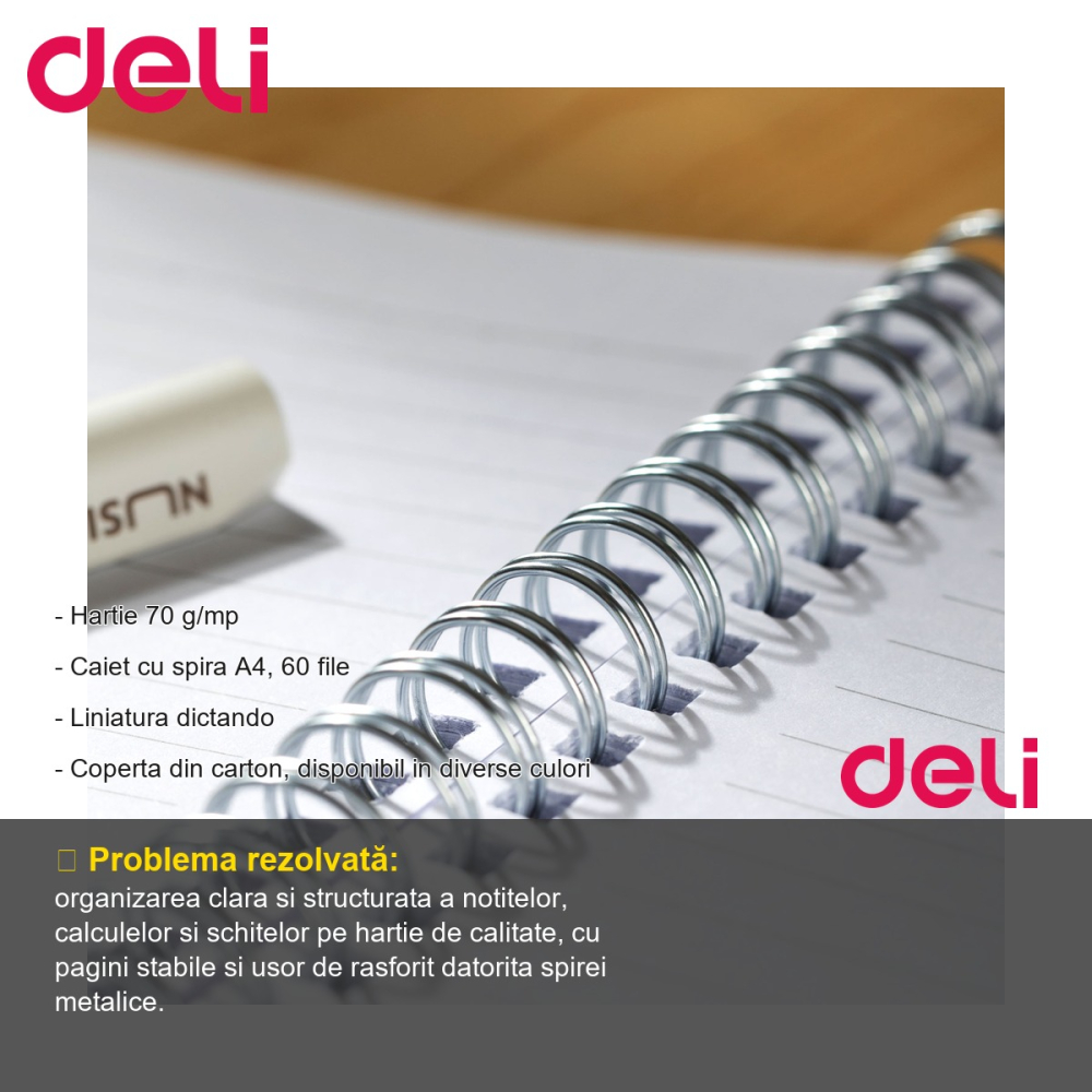 Caiet spira A4 Deli, 60 file dictando, hartie 70 g/mp, coperta carton, pentru birou si studiu [2]