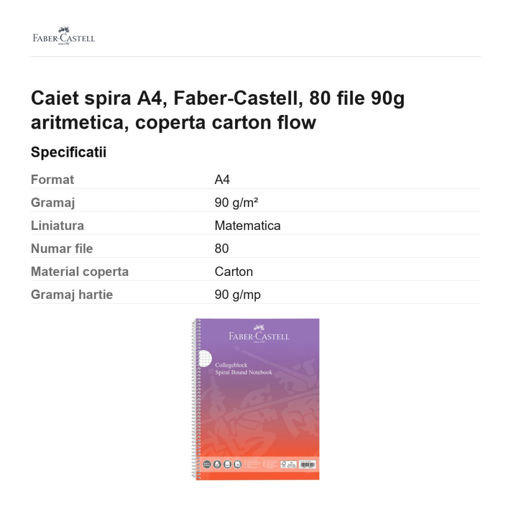 Caiet spira A4, Faber-Castell, 80 file 90g aritmetica, coperta carton flow [3]