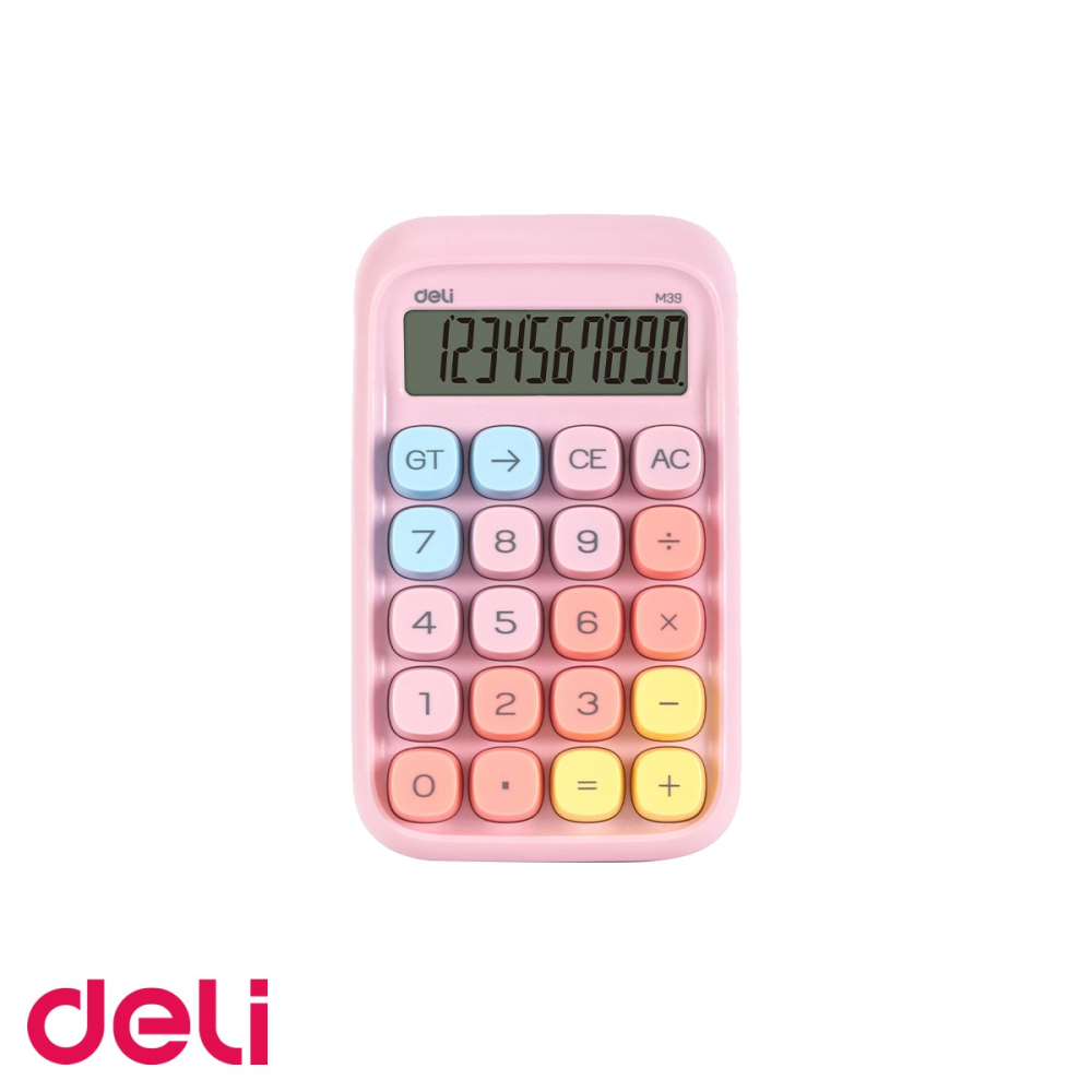 Calculator de birou Deli, 10 digits, taste multicolore roz, display LCD inclinat, pentru birou si scoala [1]