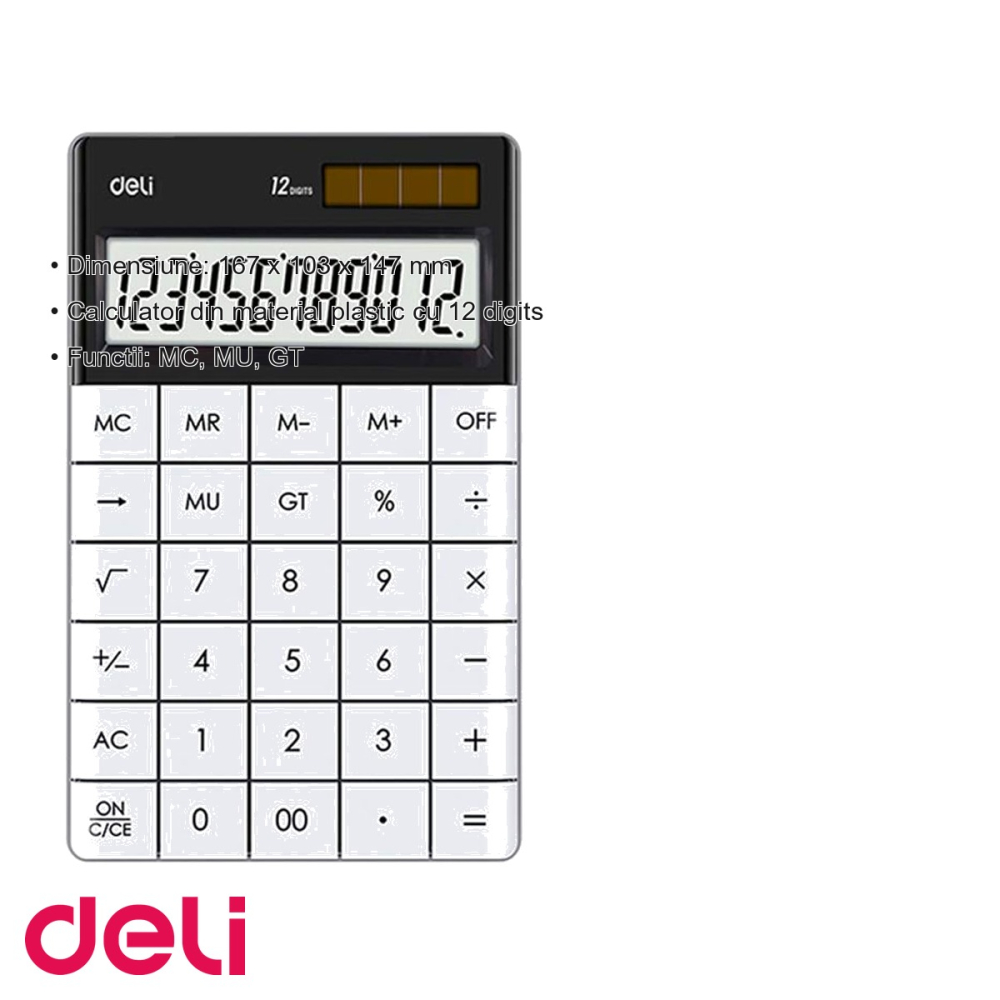 Calculator de birou Deli, 12 cifre, ecran LCD, alimentare dubla, taste touch, design modern alb [3]