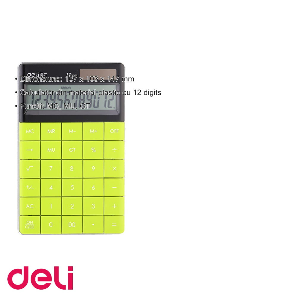 Calculator de birou Deli, 12 cifre, taste touch, alimentare dubla, verde, pentru birou si scoala [3]