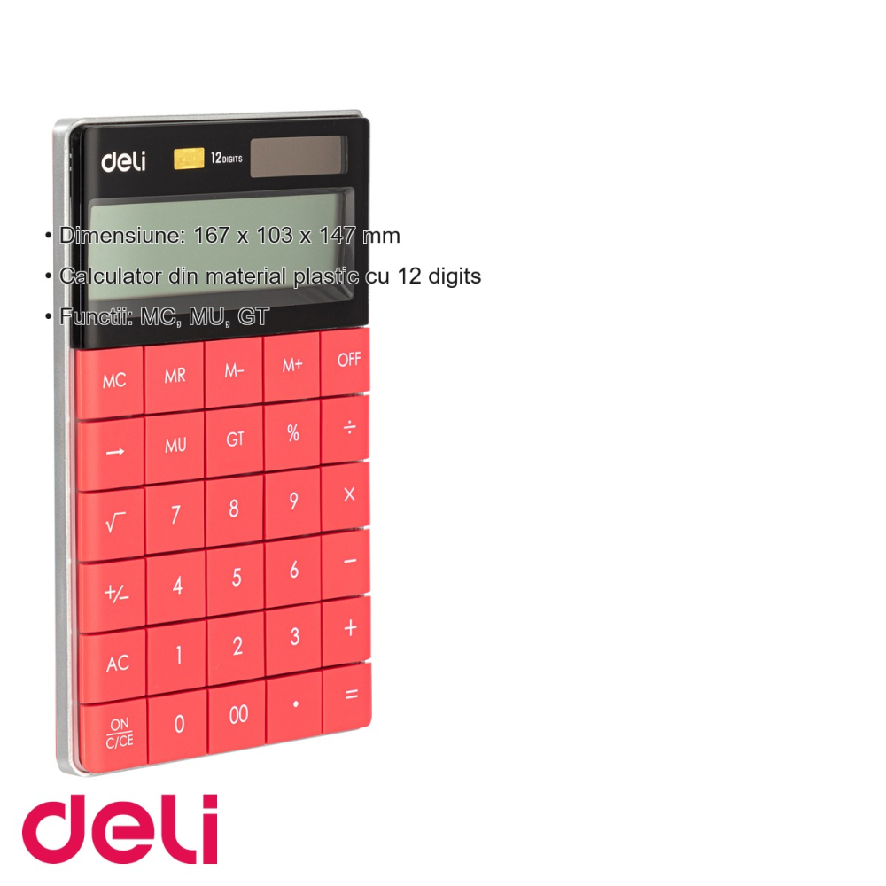 Calculator de birou Deli, 12 digits, display LCD, alimentare dubla, rosu, pentru uz profesional [3]