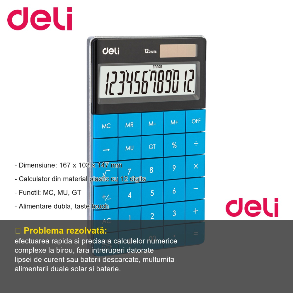 Calculator de birou Deli, 12 digits, ecran LCD, alimentare dubla, taste touch, albastru [2]