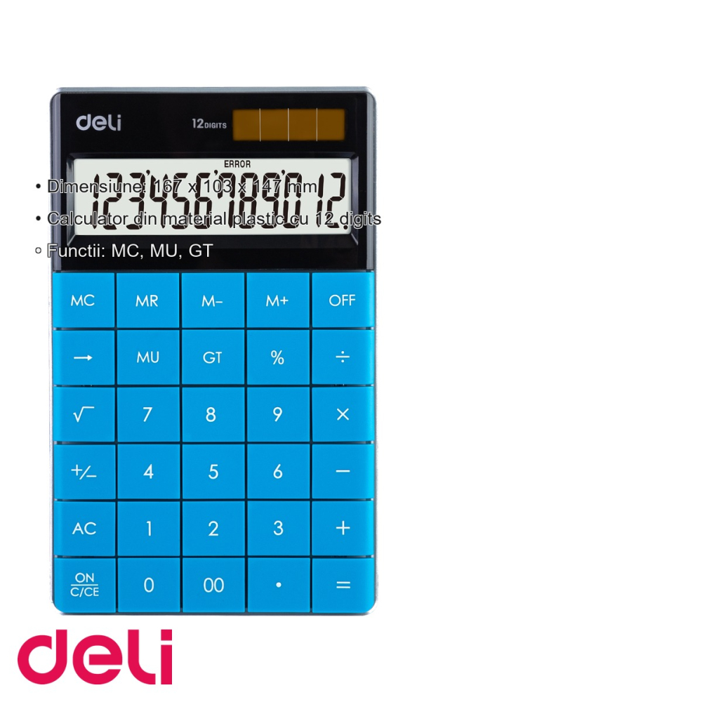Calculator de birou Deli, 12 digits, ecran LCD, alimentare dubla, taste touch, albastru [3]