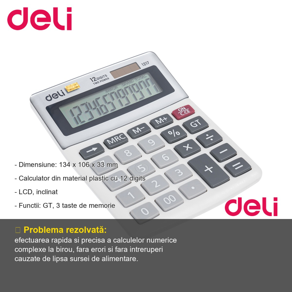 Calculator de birou Deli 1217, 12 digits, display LCD inclinat, alimentare dubla, pentru birou si contabilitate [2]