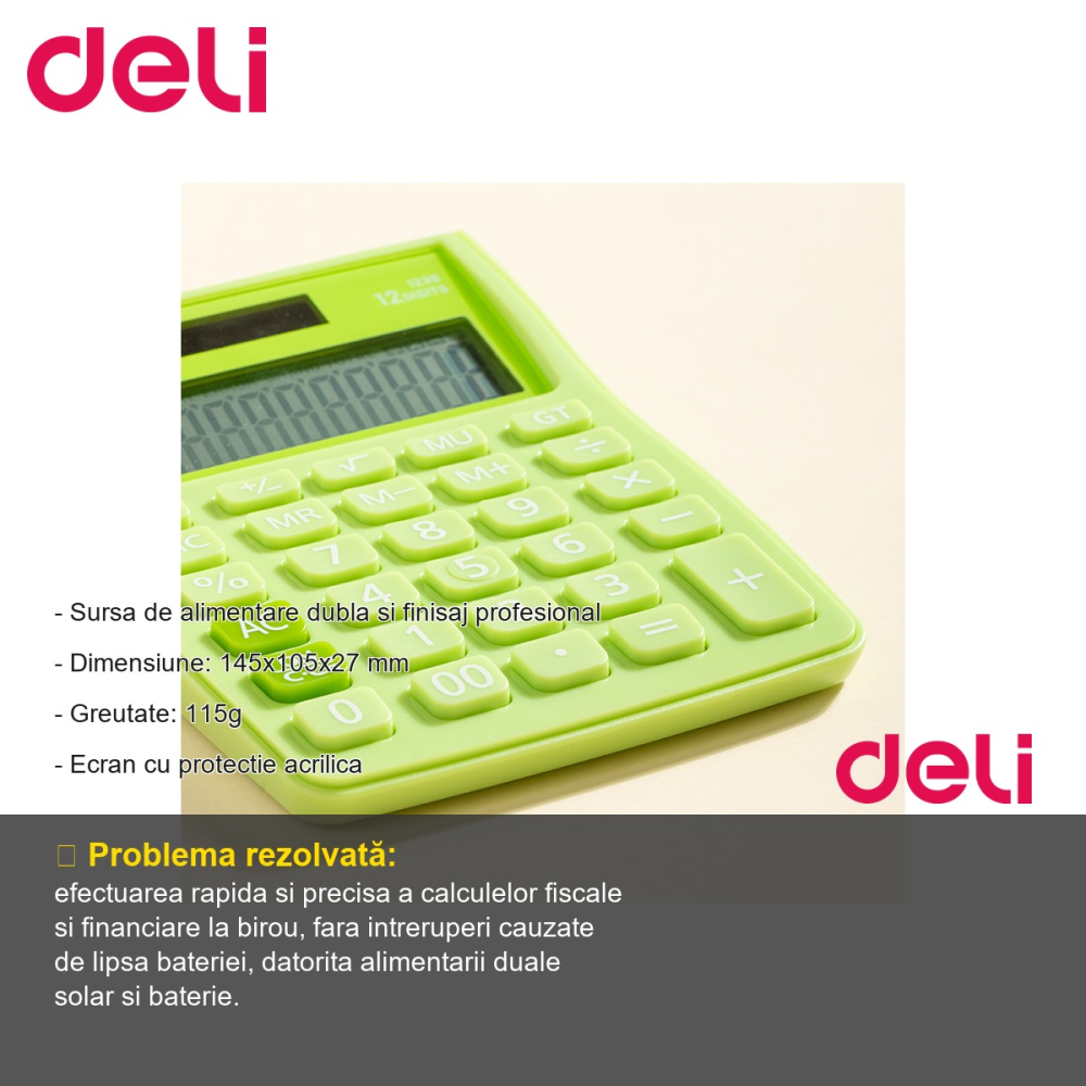 Calculator de birou Deli 1238, 12 cifre, alimentare dubla, design alb-verde, pentru calcule fiscale [2]