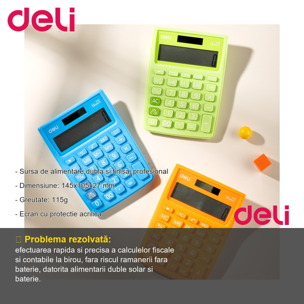 Calculator de birou Deli 1238, 12 cifre, alimentare dubla, display LCD cu protectie acrilica [2]