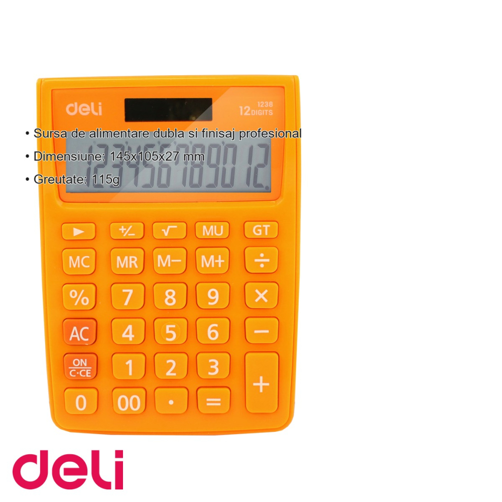 Calculator de birou Deli 1238, 12 cifre, alimentare dubla, display LCD cu protectie acrilica [3]