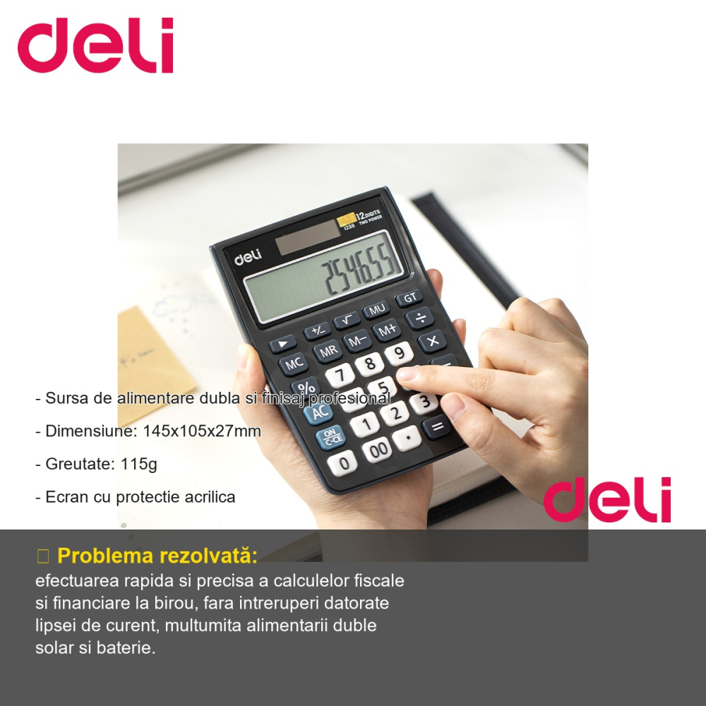 Calculator de birou Deli 1238, 12 cifre, alimentare dubla, pentru calcule fiscale si profesionale [2]