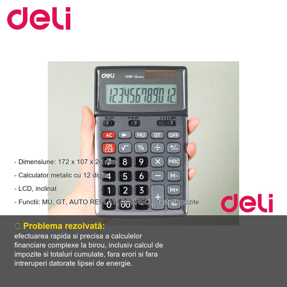 Calculator de birou Deli 1239, 12 digits, ecran LCD inclinat, alimentare dubla, pentru uz profesional [2]