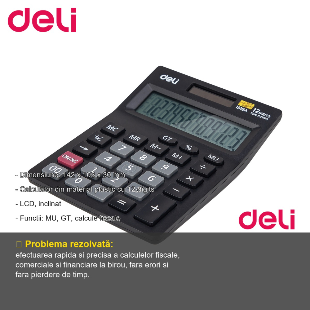 Calculator de birou Deli 1519A, 12 digits, display LCD inclinat, functii fiscale si GT, pentru birou [2]