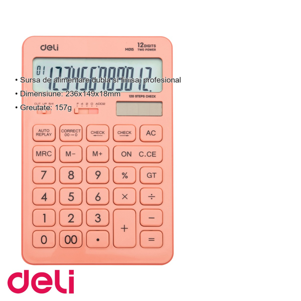 Calculator de birou Deli 1541, 12 cifre, roz pastel, pentru calcule fiscale si de birou [3]