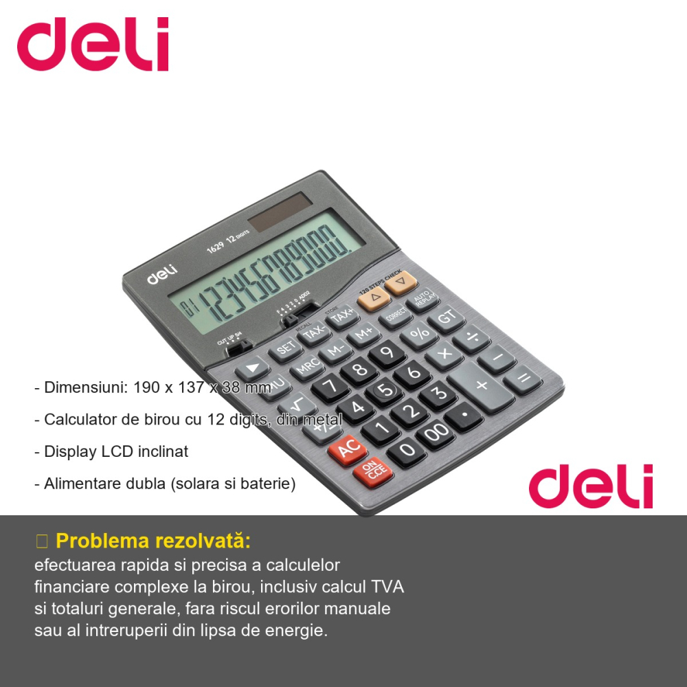 Calculator de birou Deli 1629, 12 digits, carcasa metalica, pentru calcule financiare si contabile [2]