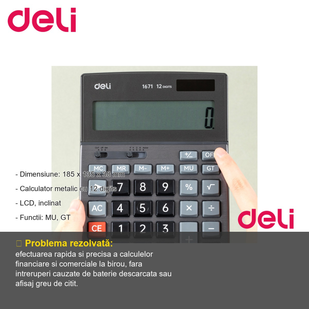Calculator de birou Deli 1671, 12 cifre, carcasa metalica, taste touch, pentru uz profesional [2]