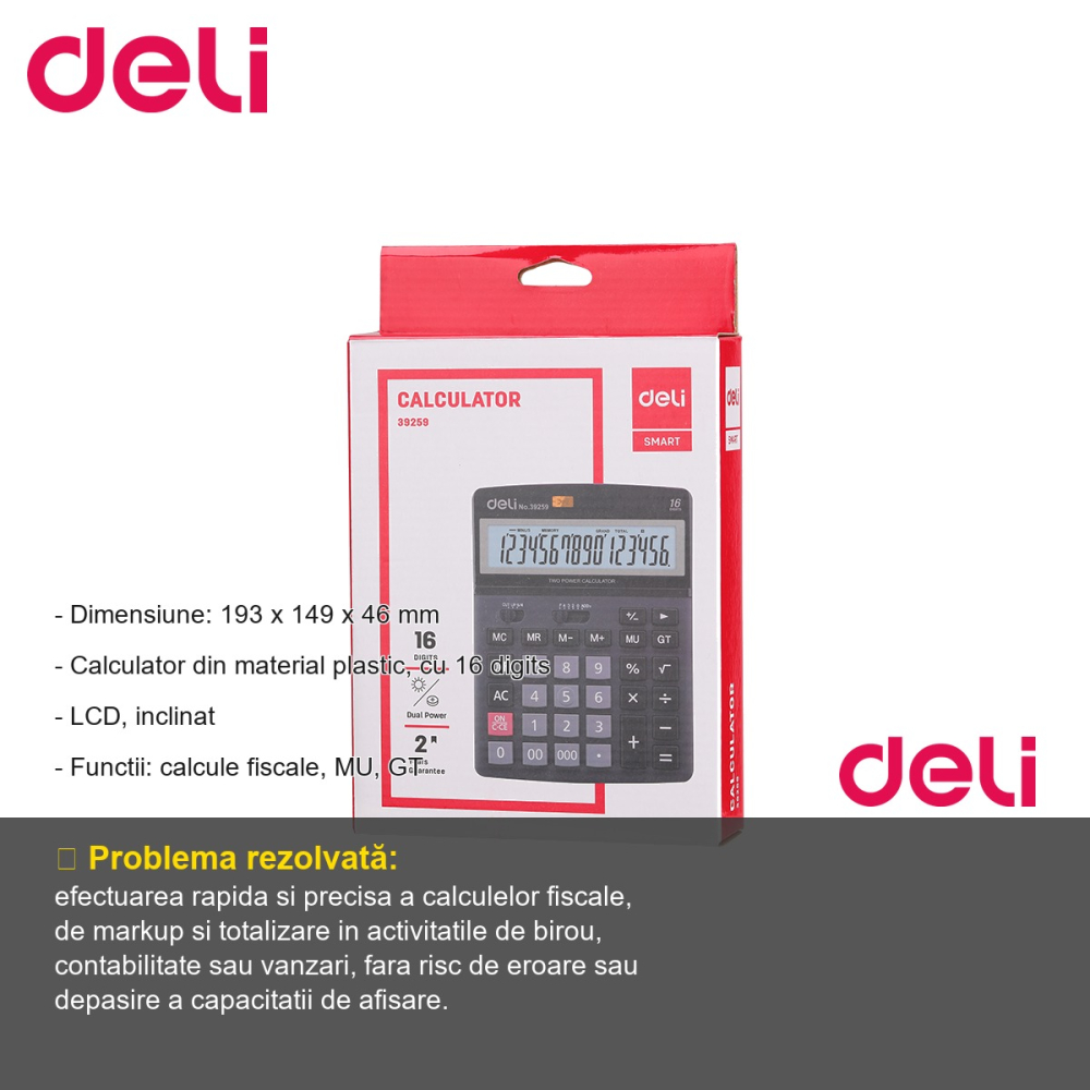 Calculator de birou Deli 39259, 16 digits, display LCD inclinat, pentru calcule fiscale [2]
