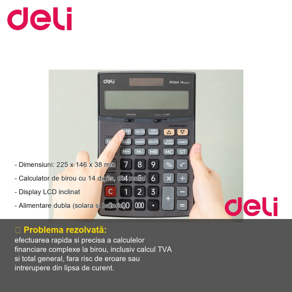 Calculator de birou Deli 39264, 14 digits, carcasa metal, display LCD inclinat, alimentare dubla [2]