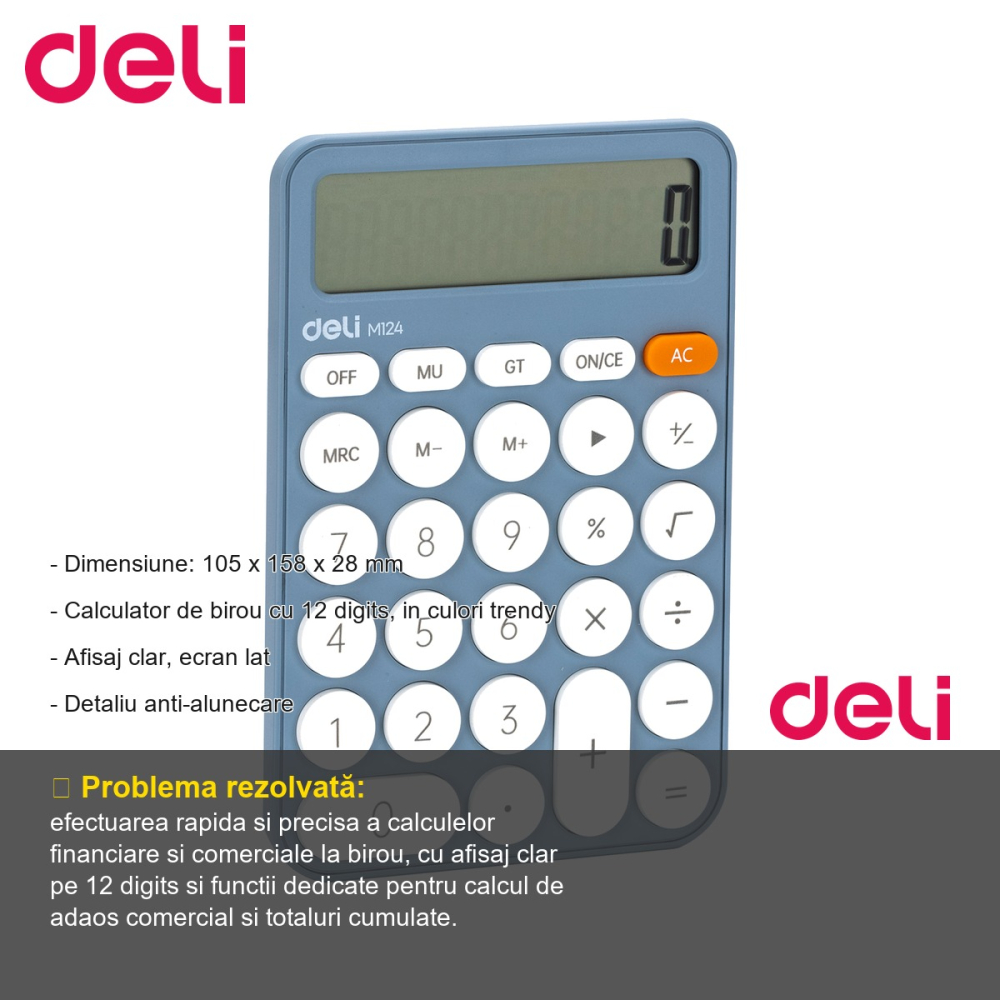 Calculator de birou Deli EM124, 12 digits, design fashion bleu, pentru uz profesional [2]