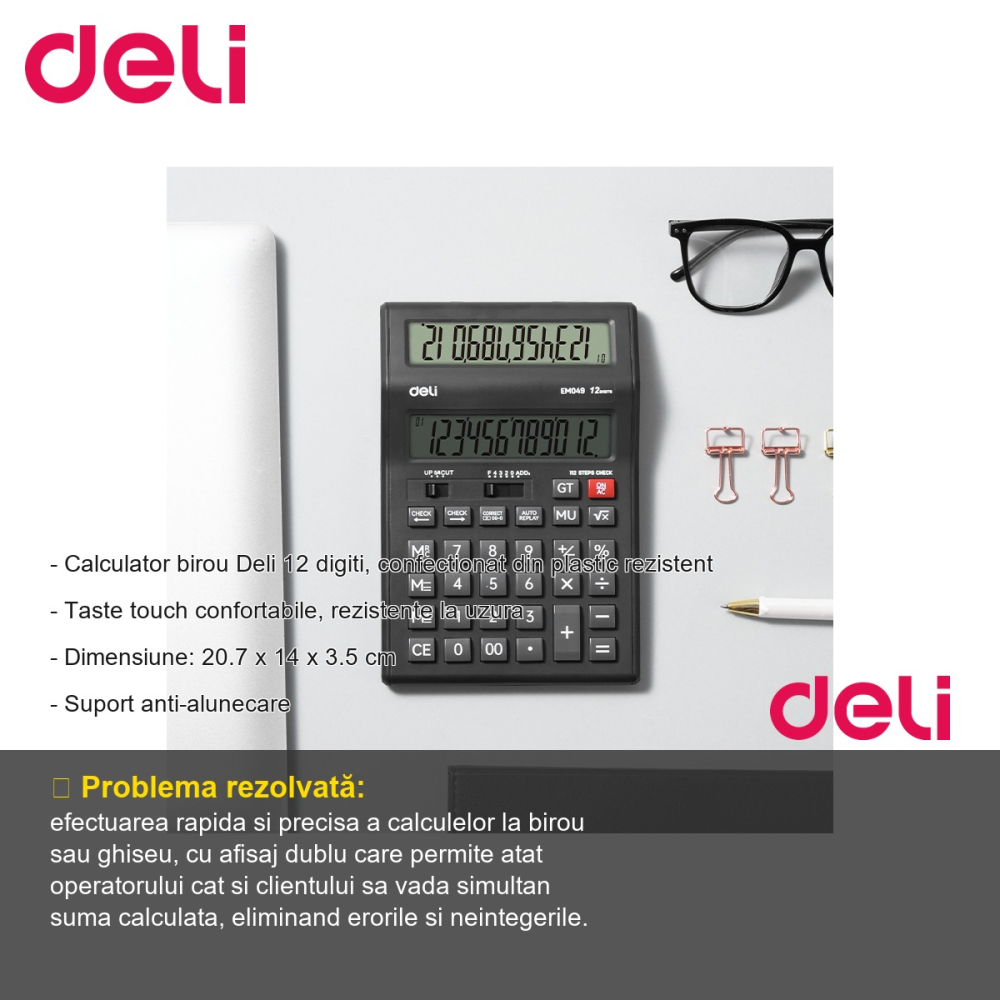Calculator de birou Deli M049, afisaj LCD dublu 12 digiti, pentru birou si punct de vanzare [2]