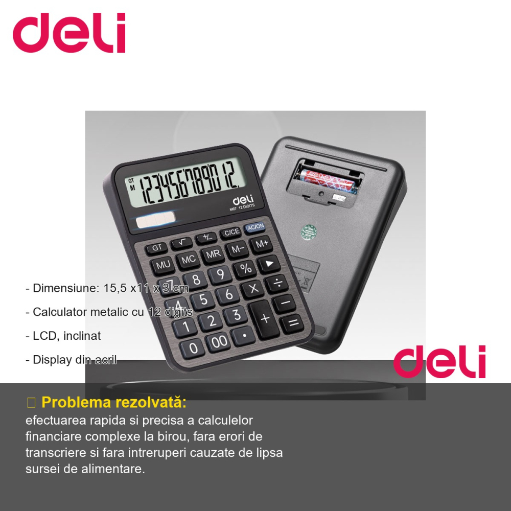 Calculator de birou Deli M07, 12 digits, carcasa metalica, display LCD inclinat, alimentare dubla, pentru birou [2]