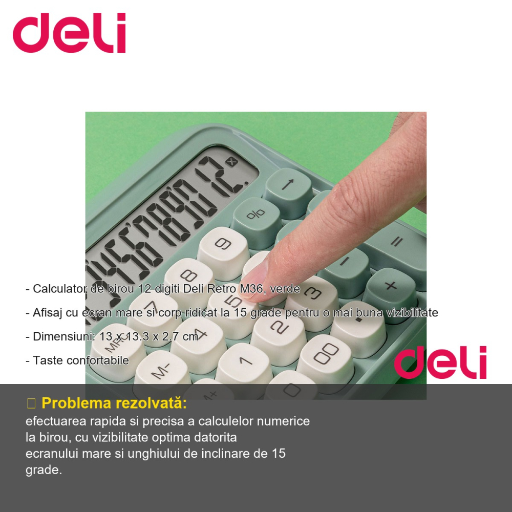 Calculator de birou Deli Retro M36, 12 digiti, design retro verde, pentru birou si acasa [2]
