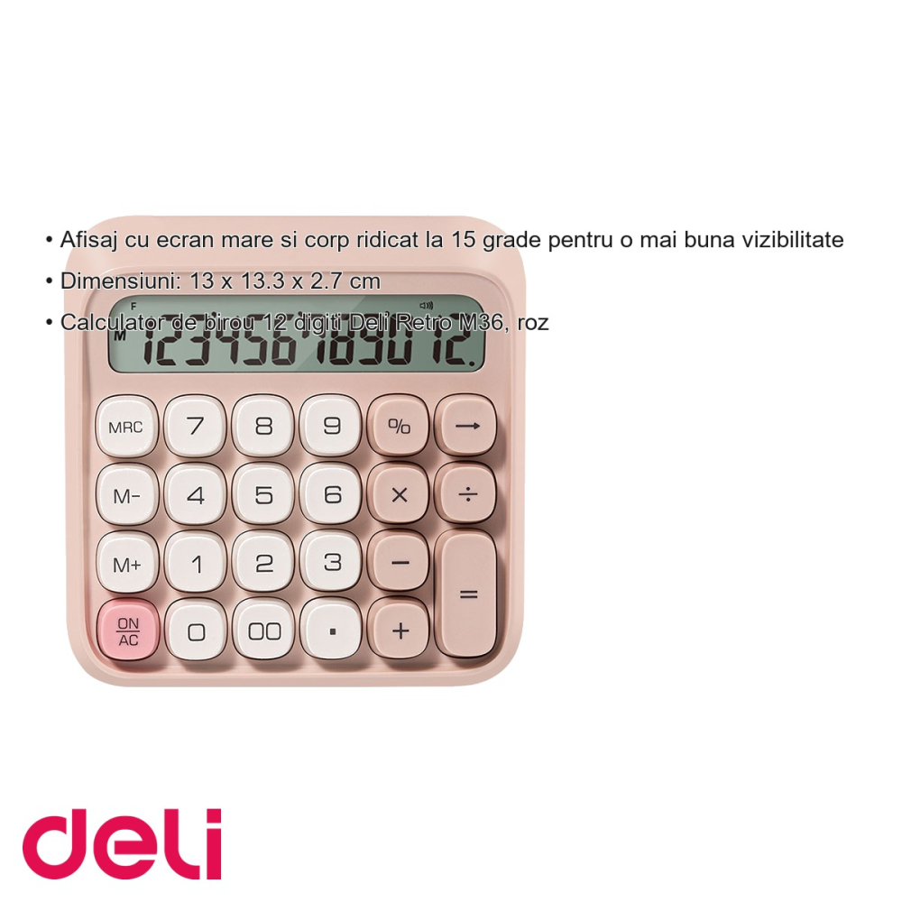 Calculator de birou Deli Retro M36, 12 digiti, design roz, pentru uz zilnic la birou [3]