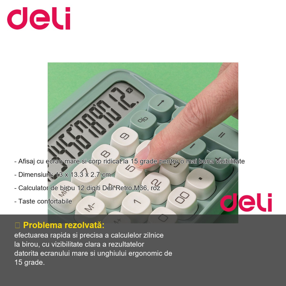 Calculator de birou Deli Retro M36, 12 digiti, design roz, pentru uz zilnic la birou [2]