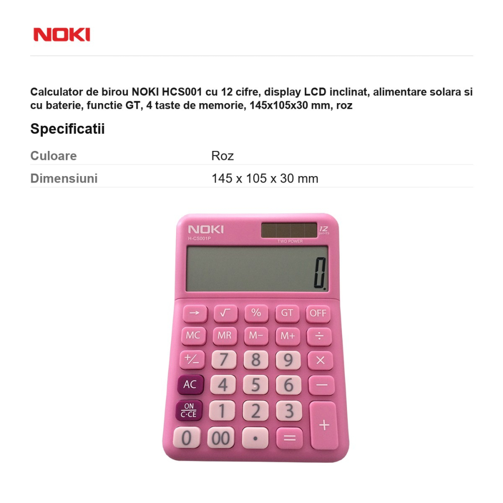 Calculator de birou NOKI HCS001 cu 12 cifre, display LCD inclinat, alimentare solara si cu baterie, functie GT, 4 taste de memorie, 145x105x30 mm, roz [3]