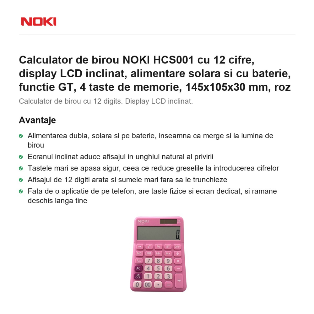 Calculator de birou NOKI HCS001 cu 12 cifre, display LCD inclinat, alimentare solara si cu baterie, functie GT, 4 taste de memorie, 145x105x30 mm, roz [2]