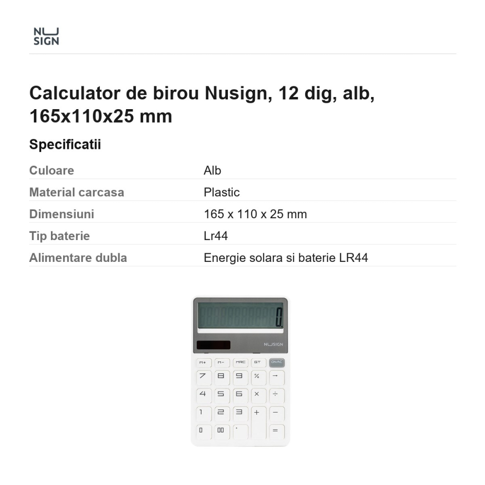 Calculator de birou Nusign, 12 dig, alb, 165x110x25 mm [3]