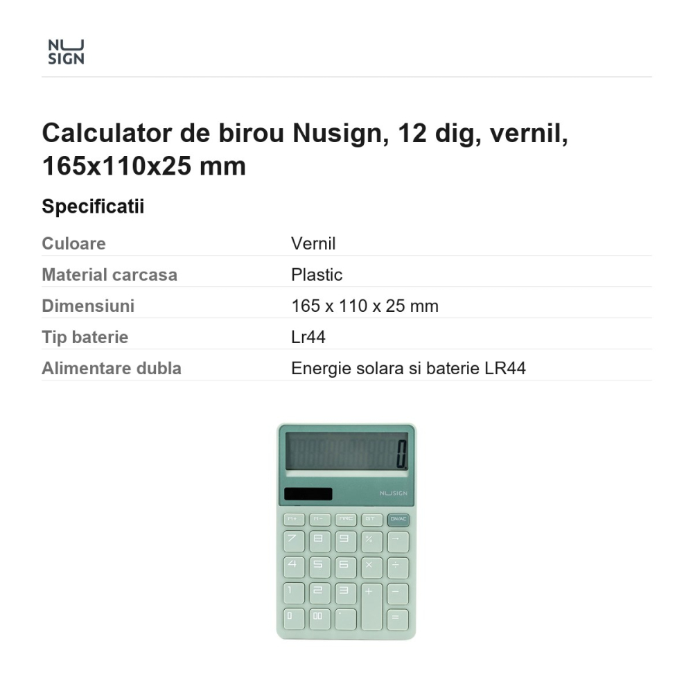 Calculator de birou Nusign, 12 dig, vernil, 165x110x25 mm [3]