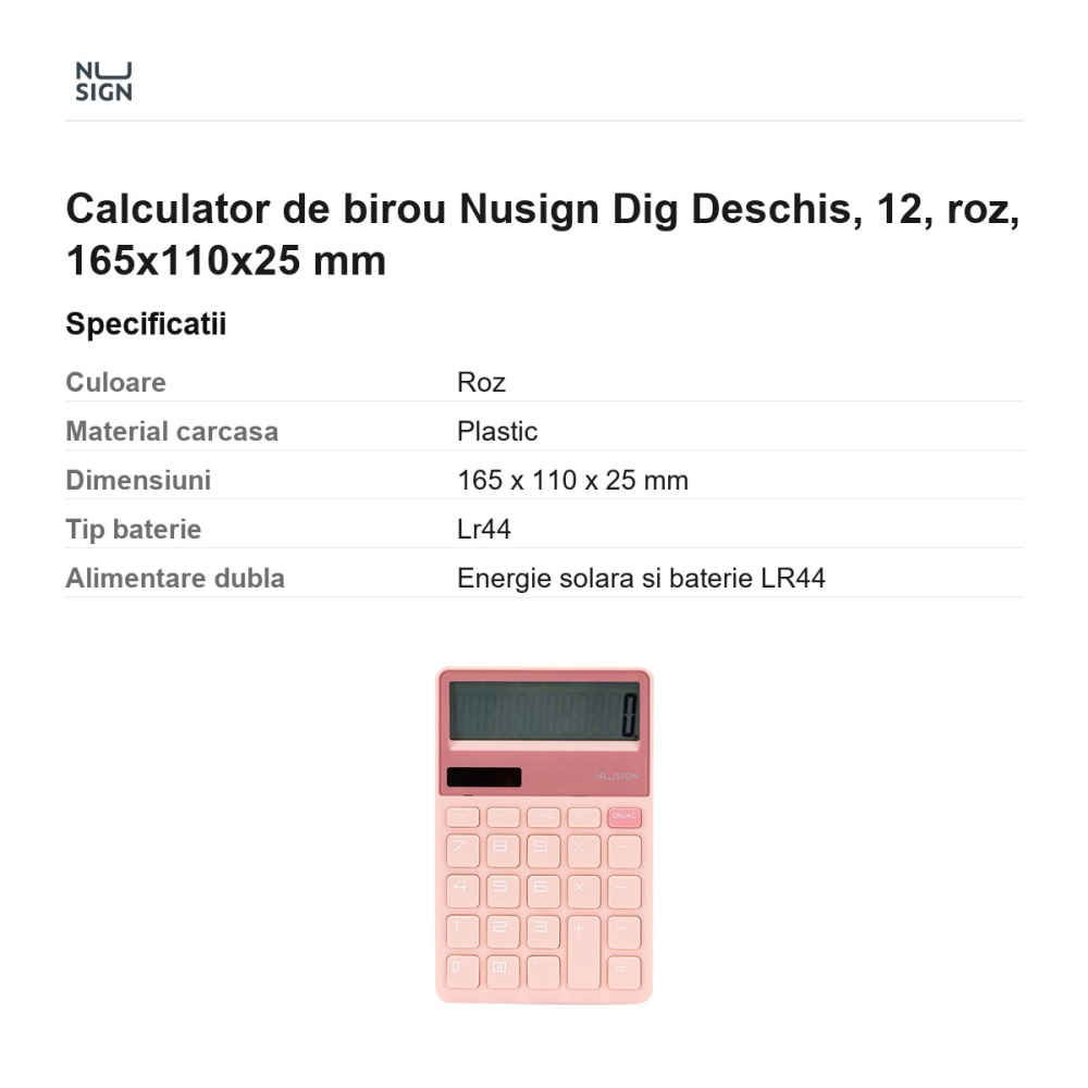 Calculator de birou Nusign Dig Deschis, 12, roz, 165x110x25 mm [3]