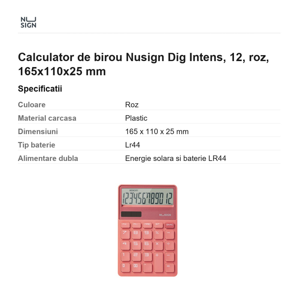 Calculator de birou Nusign Dig Intens, 12, roz, 165x110x25 mm [3]