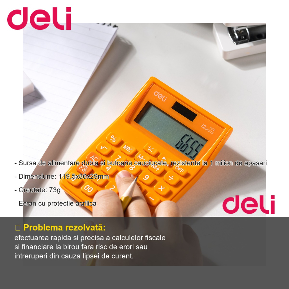 Calculator de buzunar Deli 1122, 12 cifre, alimentare dubla, alb-portocaliu, pentru birou si uz fiscal [2]