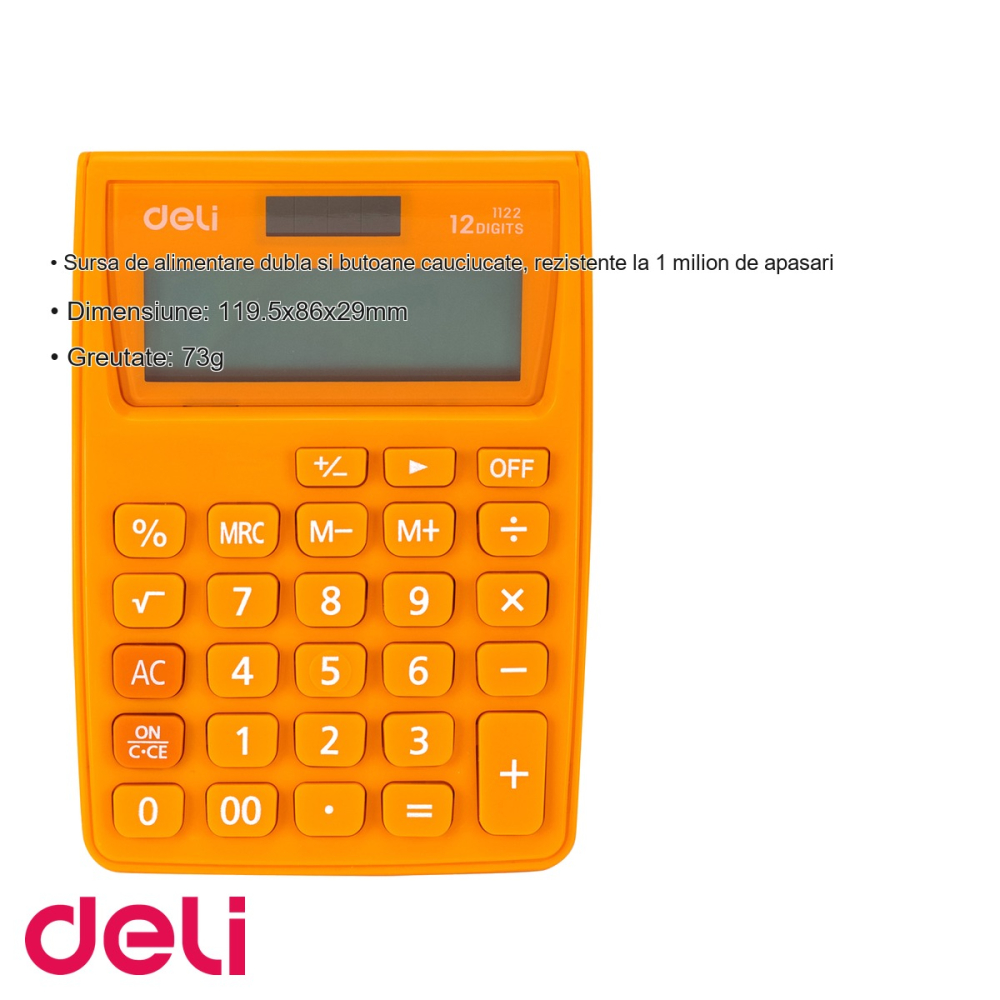 Calculator de buzunar Deli 1122, 12 cifre, alimentare dubla, alb-portocaliu, pentru birou si uz fiscal [3]