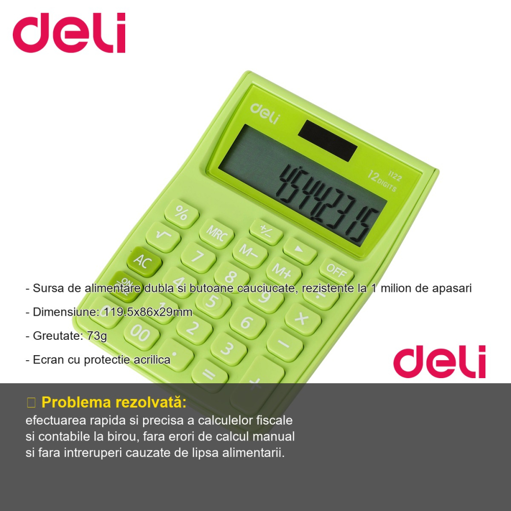 Calculator de buzunar Deli 1122, 12 cifre, alimentare dubla, pentru birou si uz fiscal [2]