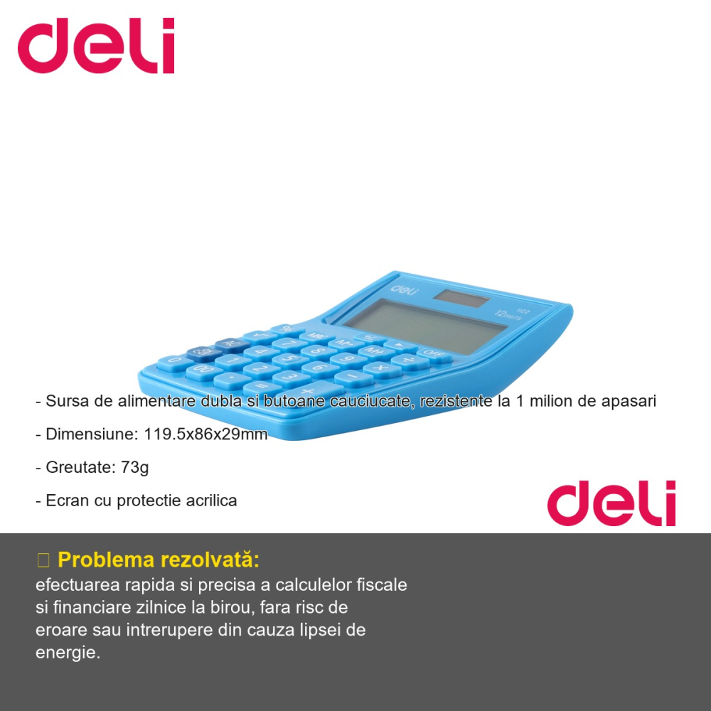 Calculator de buzunar Deli 1122, 12 cifre, alimentare dubla, pentru birou si uz fiscal [2]