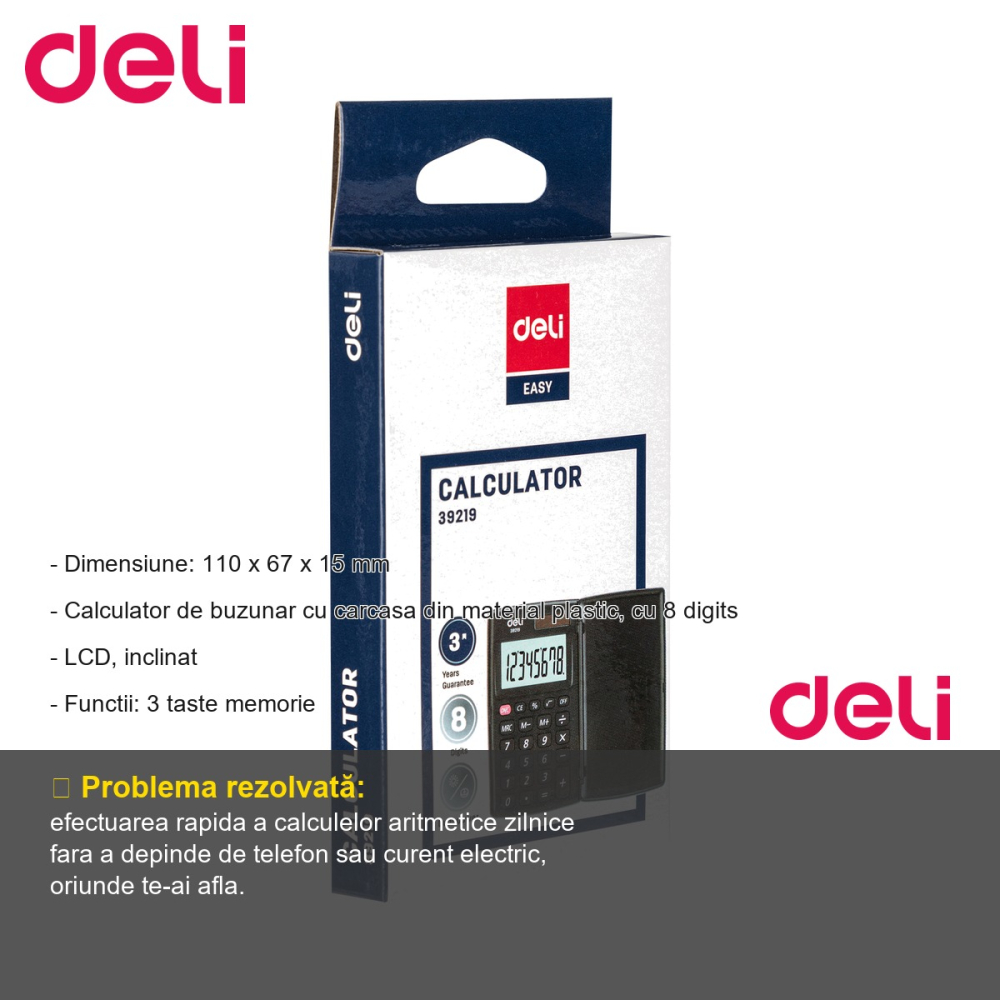 Calculator de buzunar Deli 39219, 8 digits, display LCD inclinat, pentru birou si uz personal [2]
