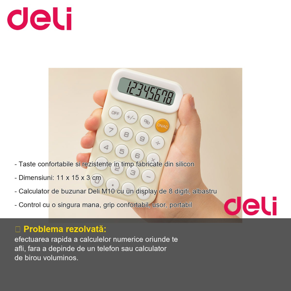 Calculator de buzunar Deli M10, display 8 digiti, albastru, control cu o singura mana, portabil [2]