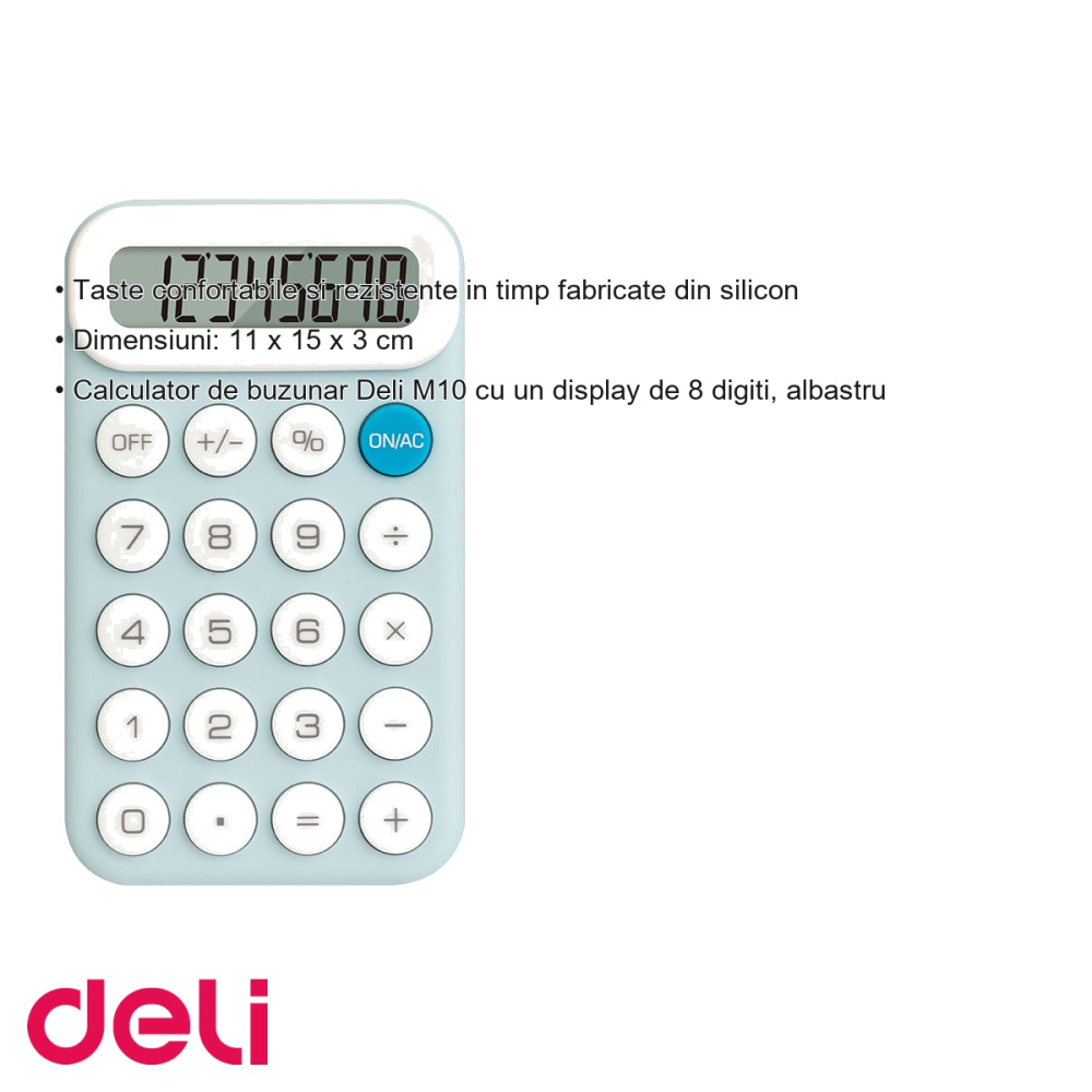 Calculator de buzunar Deli M10, display 8 digiti, albastru, control cu o singura mana, portabil [3]
